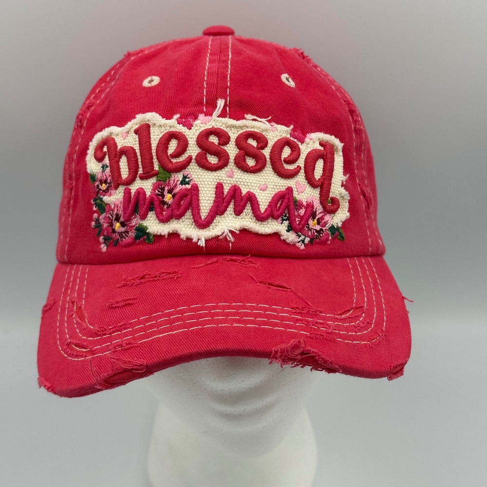 Blessed Mama Distressed Baseball Cap Pink Embroidered Floral 4350 District